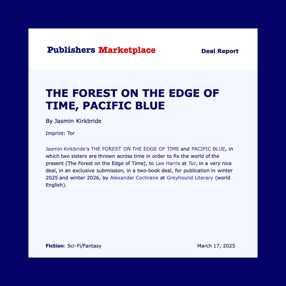 I GOT A BOOK DEAL!
Utterly delighted <a href="/torbooks/">Tor Books</a> signed my debut science fiction novel THE FOREST ON THE EDGE OF TIME, publishing Feb 2026. 🌳🌟
Huge gratitude to my agent Alex Cochran at <a href="/GreyhoundLitAg/">Greyhound Literary</a>, and my editor Lee Harris at Tor for making my writerly dreams come true! ❤️📚