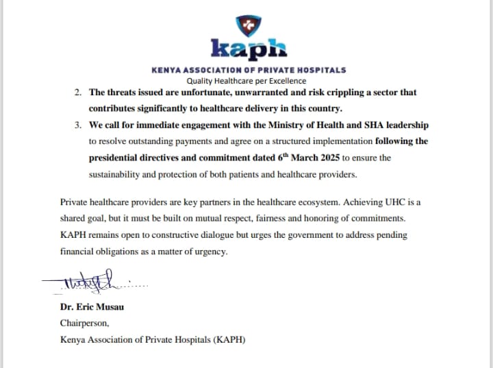 KaphKaph2000's tweet photo. KAPH urges @MOH_Kenya & @SocialHealthKe to prioritize settling pending NHIF claims. Threats of closure are unfair to private hospitals already strained by unpaid dues. Dialogue, not threats, will protect patients & ensure sustainable #UHC.
#HealthKE #NHIF #SHA https://t.co/h1ieqc1ScV
