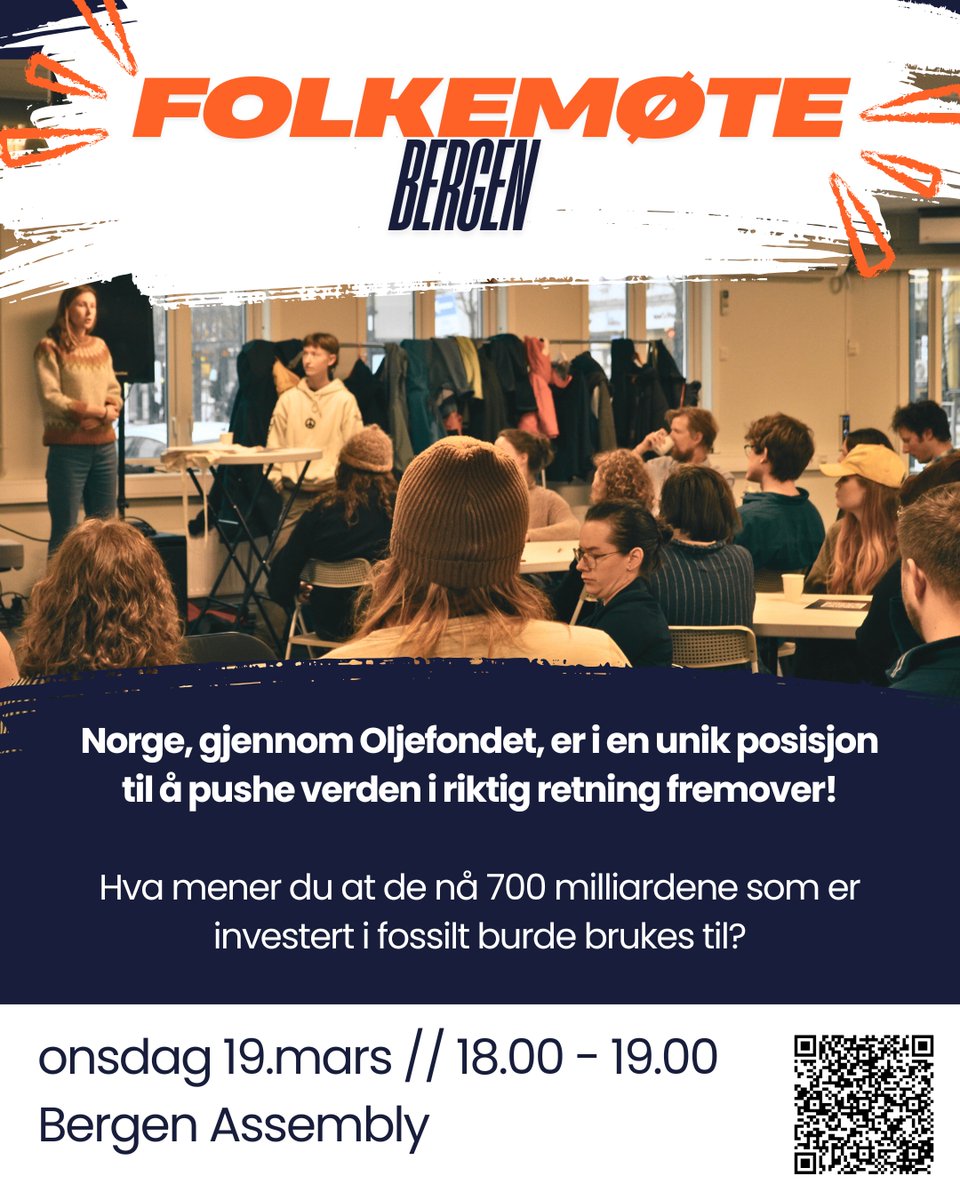 Folkemøte i Bergen imorgen kl 18.00-20.00!

Hva mener du at de nå 700 milliardene som er investert i fossilt burde brukes til? Kom og snakke med andre om hvordan vi i Norge, gjennom Oljefondet, kan pushe verden i riktig retning fremover!

Påmelding: forms.folkmotfossilmakta.no/formz/occurren…
