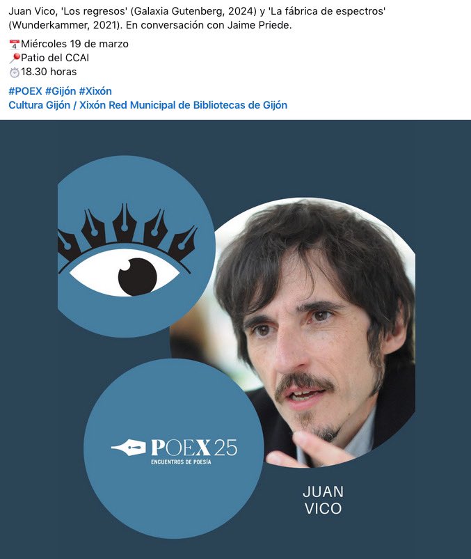 jnvico's tweet photo. Mañana estaré en el festival POEX de Gijón. Será un lujo charlar con su director, Jaime Priede, sobre mis dos últimos libros, “Los regresos” (Galaxia Gutenberg, 2024) y “La fábrica de espectros” (Wunderkammer, 2022). https://t.co/eVehPGzEe7