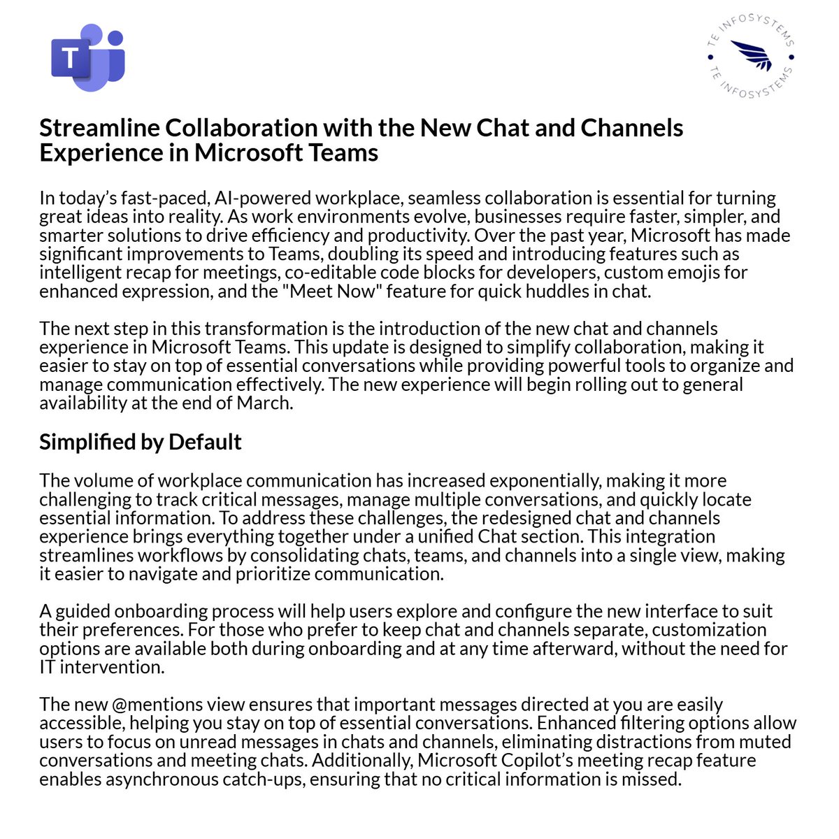 TEInfosystem's tweet photo. 🚀 Streamline Collaboration with Microsoft Teams 💼💡

The new Chat &amp; Channels experience is here! 🎉 Stay on top of conversations, organize your workflow, and boost productivity with:

#microsoftteams #productivity #collaboration #ai https://t.co/Z657sifedC