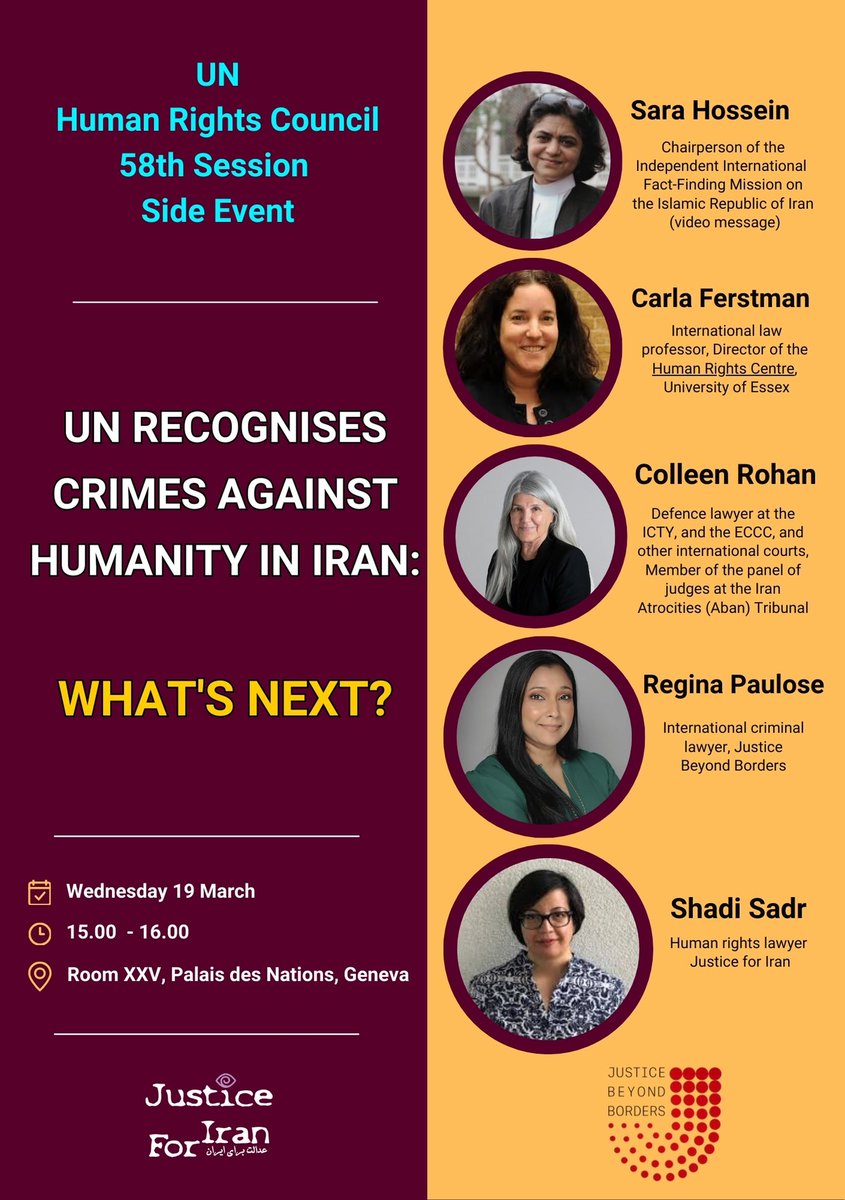 Join us tomorrow for a discussion with international lawyers at the UN Human Rights Council side event: "UN Recognises Crimes Against Humanity in Iran: What's Next?" 
We will discuss the findings and recommendations of the Fact-Finding Mission on Iran, followed by an exploration