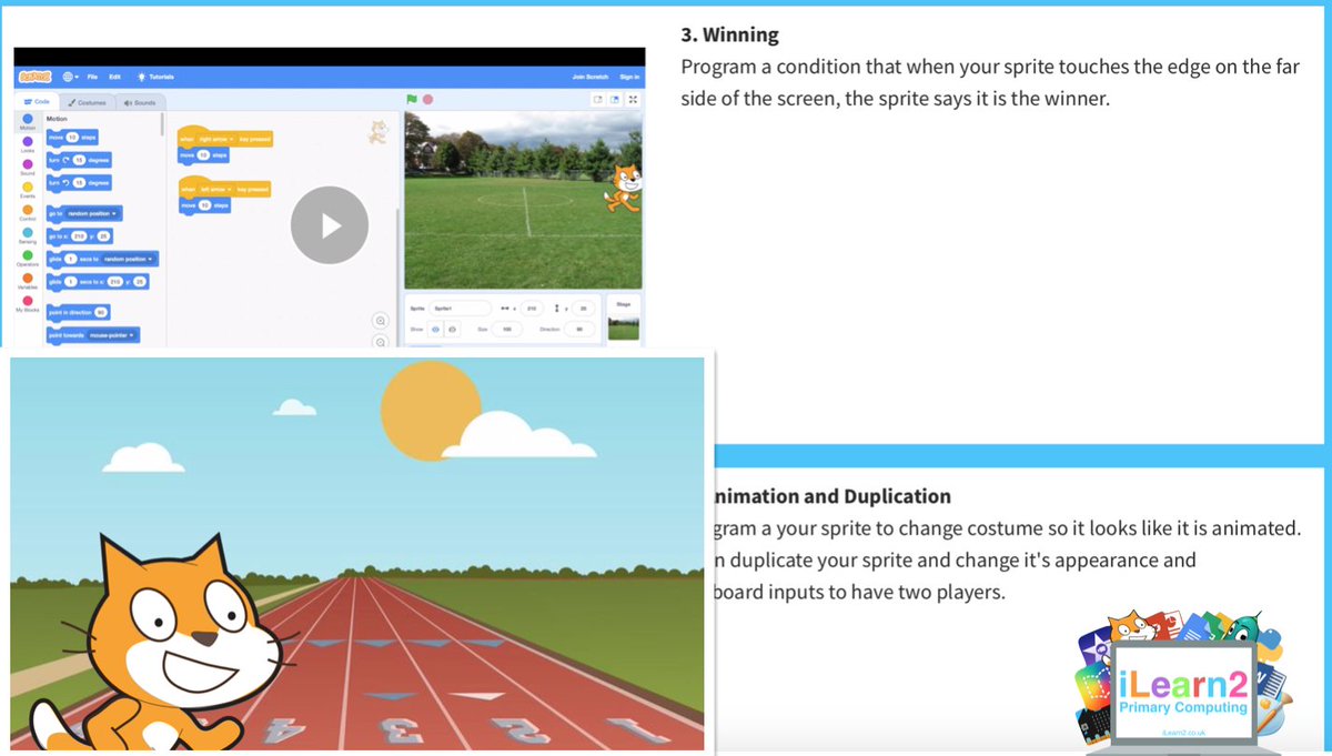 Running Race in Scratch Pupil Activity Pack for home/school: Pupils can learn to program a simple multi-player running race game in Scratch using inputs, loops and conditions. Includes video tutorials. bit.ly/2JcMxWq #edtech #scratched