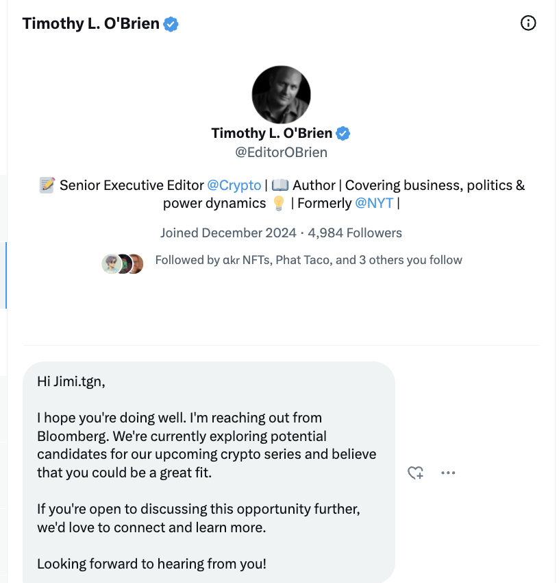 THIS MAN IS A SCAMMER!

He's pretending to be <a href="/TimOBrien/">Tim O'Brien</a> of <a href="/crypto/">Bloomberg Crypto</a>

Please report 👉@EditorObrian

If you join their Zoom interview, they'll say they want to record &amp; prompt you to give them control of the computer. 

Never do this!

Please don't fall for this scam frens!