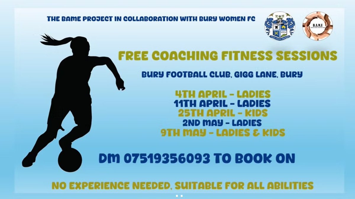 BAME Project (@bameproject) on Twitter photo Welcoming women of Bury to join our FREE collaborative coaching fitness sessions by Bury Women FC⚽️
🏤Venue : Bury Football Ground, Gigg Lane, Bury
🕐Time 4pm-5pm
See flyer for more information👇
#womenfootball #beactive
<a href="/KCLynchey/">Casey Lynchey</a>
<a href="/vanbuggleroy/">lee buggie</a>
<a href="/gwolstencroft1/">George Wolstencroft</a> <a href="/burylivewell/">Bury Live Well Service</a> Welcoming women of Bury to join our FREE collaborative coaching fitness sessions by Bury Women FC⚽️
🏤Venue : Bury Football Ground, Gigg Lane, Bury
🕐Time 4pm-5pm
See flyer for more information👇
#womenfootball #beactive
<a href="/KCLynchey/">Casey Lynchey</a>
<a href="/vanbuggleroy/">lee buggie</a>
<a href="/gwolstencroft1/">George Wolstencroft</a> <a href="/burylivewell/">Bury Live Well Service</a>