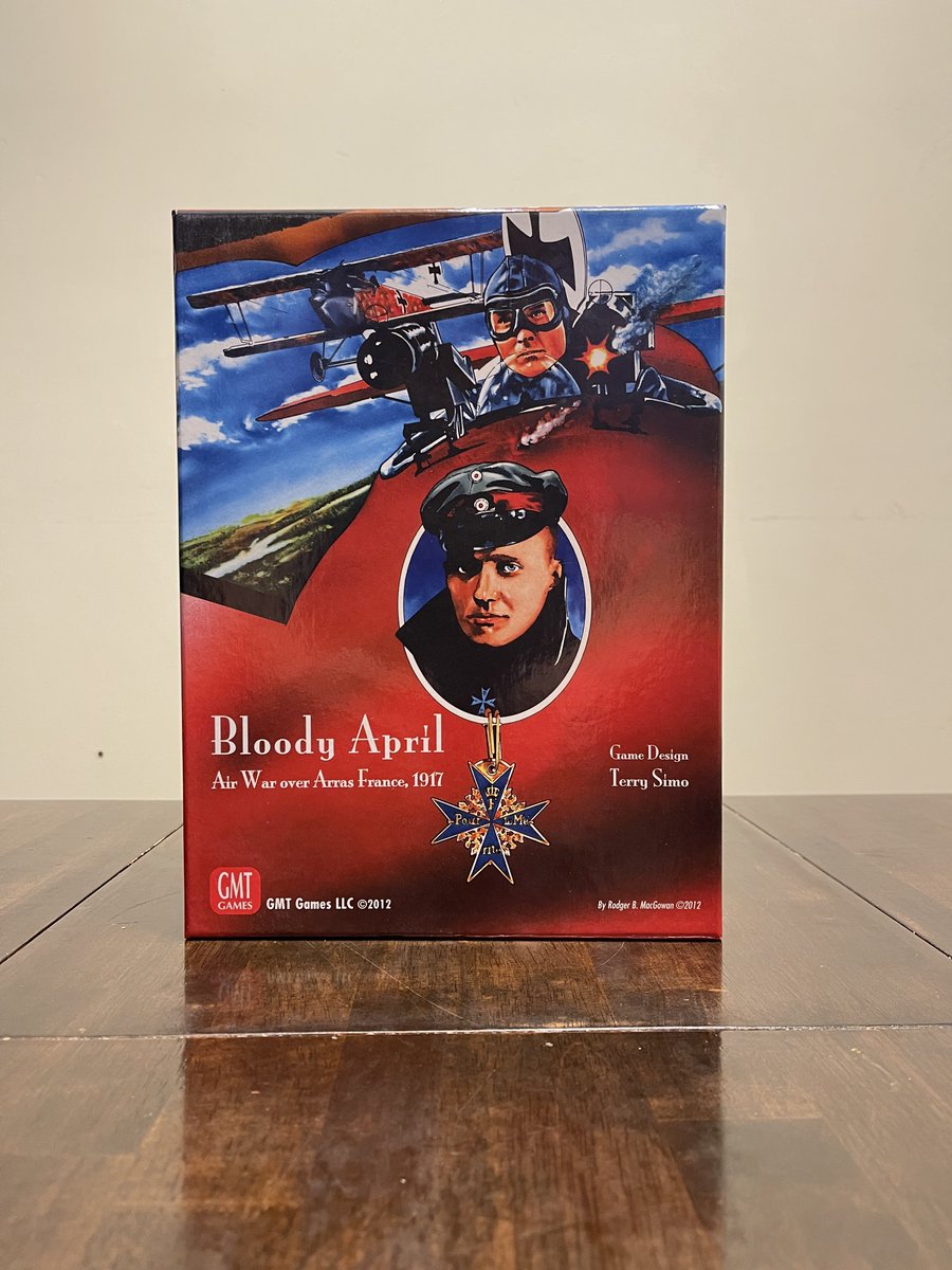 cardBoardmember's tweet photo. Bloody April: Designed by Terry Simo, published by @GMTGames in 2012. A WWI air wargame—command RFC or German aces over Arras, with Eagle of Lille (2015) adding Immelmann’s early raids, 14 planes, and new maps. #wargaming #WWI #BloodyApril https://t.co/ng2n47fD8t