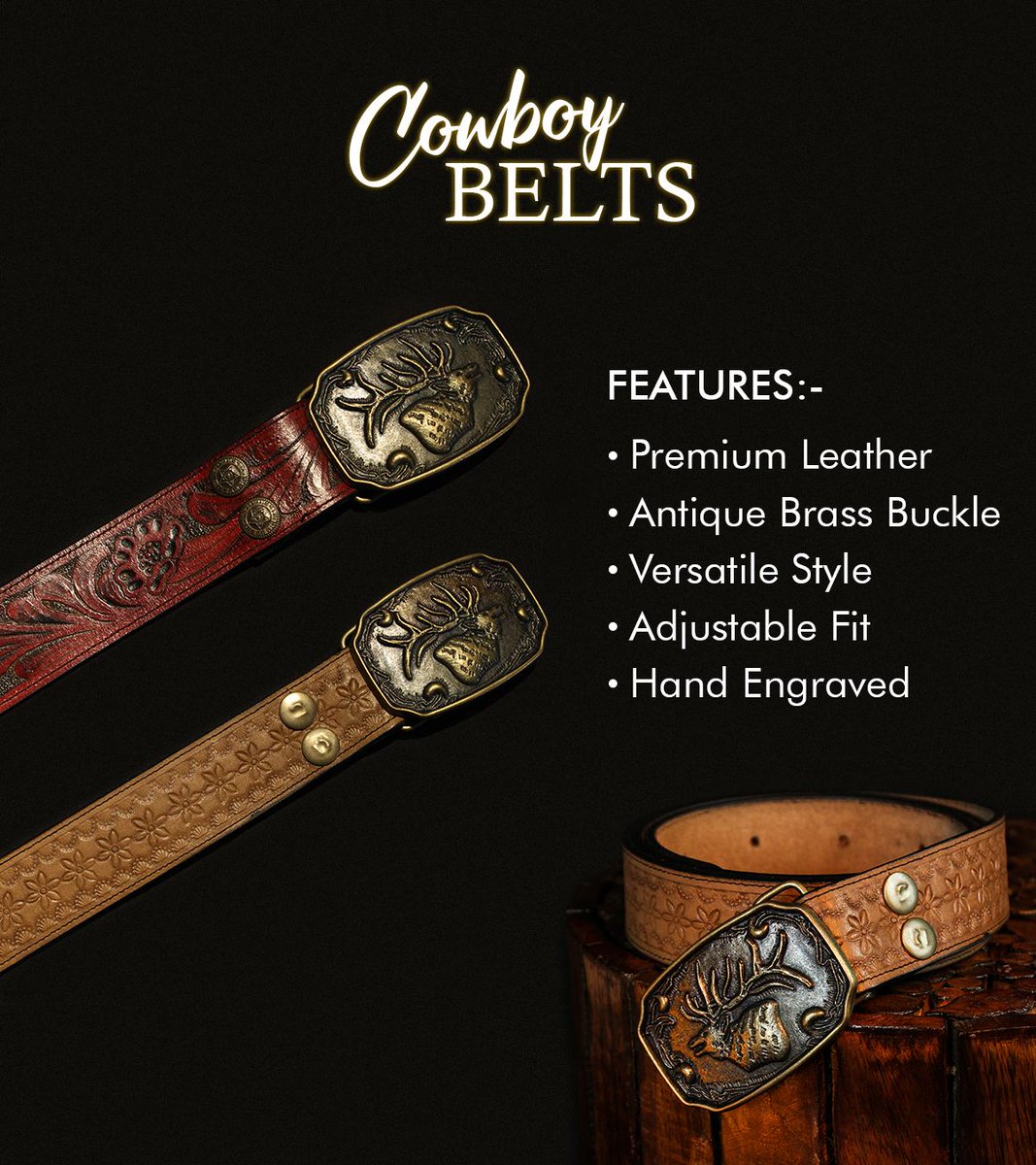 a_bespoken's tweet photo. Handcrafted cowboy belts made from premium leather, featuring antique brass buckles and intricate hand-engraved details. Perfect for adding a bold statement to your look! 🔥💥 https://t.co/hlY4KEy17m