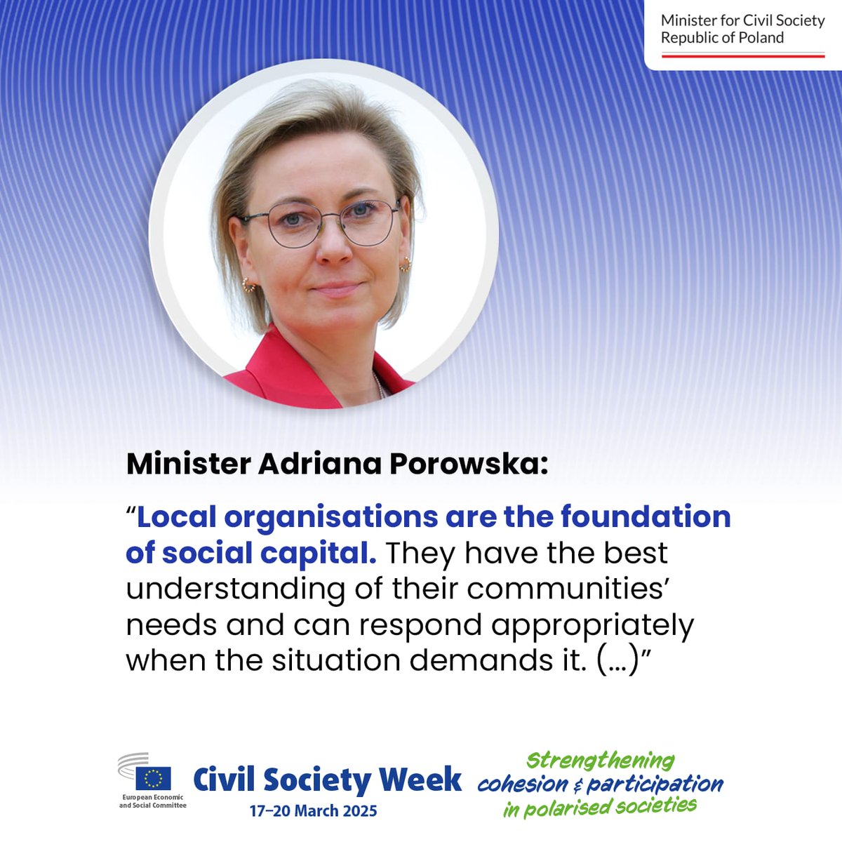 SO_KPRM's tweet photo. Minister @PorowskaAdriana: #PowerOfSmallCommunities are funds for the development of small Polish #NGOs, for strengthening social capital and resilience. It is also a significant investment in rebuilding unity in the society.
#civsocweek https://t.co/PH1lSWne0J