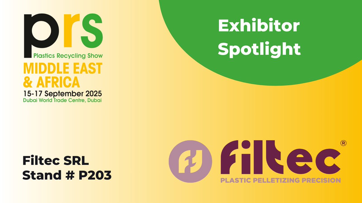 We are delighted to welcome Filtec SRL as Exhibitors at the Plastics Recycling Show Middle East &amp; Africa in Dubai 15-17 Sept 2025. Filtec specializes in pelletizing and filtration of plastics materials. loom.ly/hHlBYjk