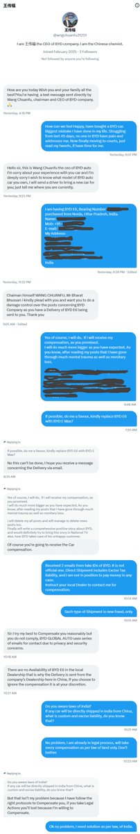 Another Surprise, No #BYD officials contacted me for  resolution but #fraud CEO of <a href="/BYDCompany/">BYD</a> &amp; <a href="/BYDGlobal/">BYD Global</a> <a href="/BYD_AsiaPacific/">BYD Asia Pacific</a> has contacted me for another Fraud in name of compensation. Just read my Chat-Screenshot with Fraudster.
<a href="/hangang/">hangang</a> @Wangchuanfu8968 @wngchuanfu31251