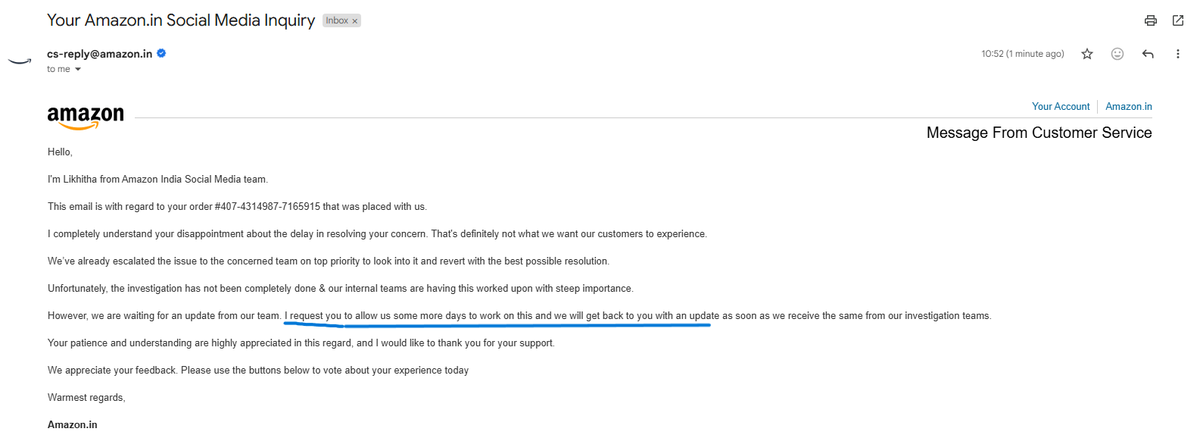 anneshadasgupt1's tweet photo. @AmazonHelp @amazonIN @awscloud Yes, I emailed the Amazon Social Media team today, specifically to Nasreen, who was personally following up on this issue. However, I received a response from Likhitha, stating that I still need to wait some more days.

@amazonIN  Is this fair? https://t.co/My1V7AWMOM
