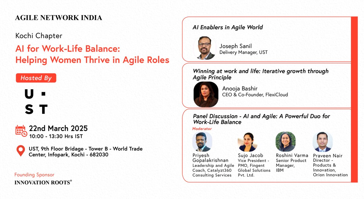 AgileNetwork_in's tweet image. Agile Network India #KochiChapter | #MarchEvent

Agenda Live!

Date: 22nd March, 2025 (Saturday)

Time: 10:00am to 1:30pm

Hosted By: UST, #Kochi

Join us: agilecommunity.org/event-details/… (Free to Participate)

Note : Registration closes by 20th March 2025