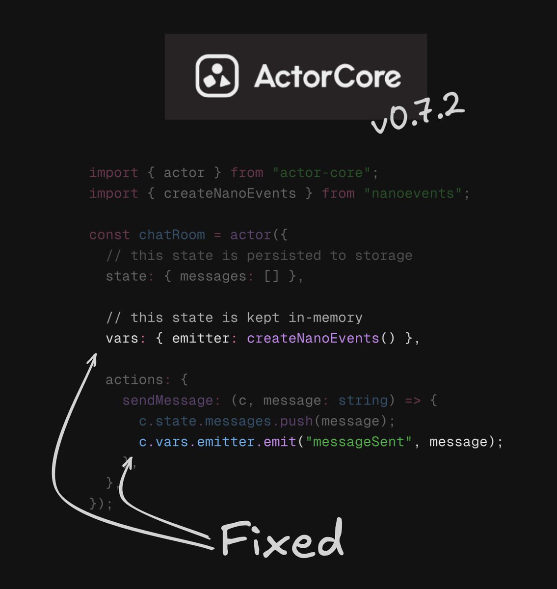 NathanFlurry's tweet photo. One of the biggest Durable Objects misconceptions: Durable Objects ≠ Durable Properties

When your DO restarts/sleeps, poof – your in-memory data is gone 💀

ActorCore 0.7.2 adds `vars` to make this clear:
- state = persisted
- vars = ephemeral

changelog &amp; source code below 🧵 https://t.co/sugtg2xQSv