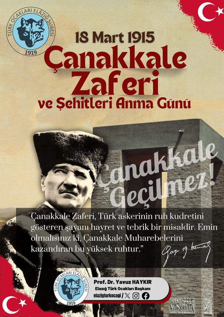 🇹🇷 Türk'ün azim ve kararlılığının Türk'ün mücadele ruhunun en veciz örneği olan, Çanakkale’nin geçilmez olduğunu tüm dünyaya gösteren, şanlı tarihimizin en önemli zaferlerinden biri olan #18MartÇanakkaleZaferi’nin 110. yılında başta Mustafa Kemal Atatürk ve kahraman silah