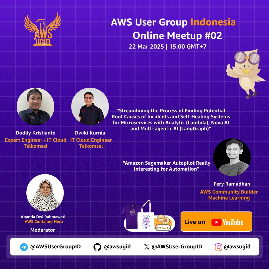 AWSUserGroupID's tweet photo. 🚀 AWS User Group Indonesia: Online Meetup #02 2025 🌐

Join us for insightful talks from AWS experts and community members as they share innovative solutions and ideas around cloud technologies and machine learning. https://t.co/wl1jWZIWKY