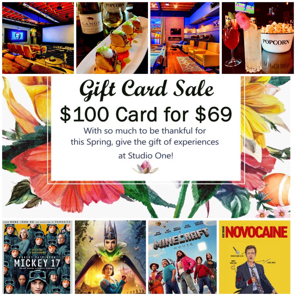 PURCHASE A $100 GIFT CARD FOR ONLY $69! SALE ends 3/18 at 11:59pm The gift card has no expiration date and may be used for all Studio One Theaters purchases including Penthouse Auditorium Movie Tickets Restaurant Food Beverages Wine &amp; Beer Dinners &amp; more.
studioonetheater.com/gift-card-sale/
