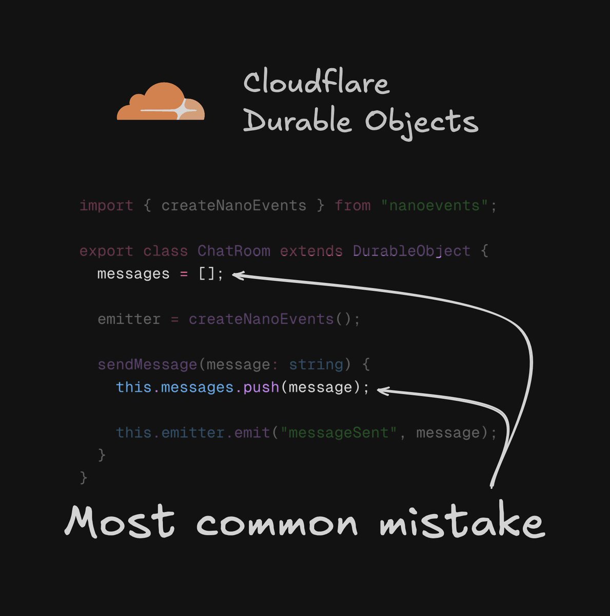 NathanFlurry's tweet photo. One of the biggest Durable Objects misconceptions: Durable Objects ≠ Durable Properties

When your DO restarts/sleeps, poof – your in-memory data is gone 💀

ActorCore 0.7.2 adds `vars` to make this clear:
- state = persisted
- vars = ephemeral

changelog &amp; source code below 🧵 https://t.co/sugtg2xQSv
