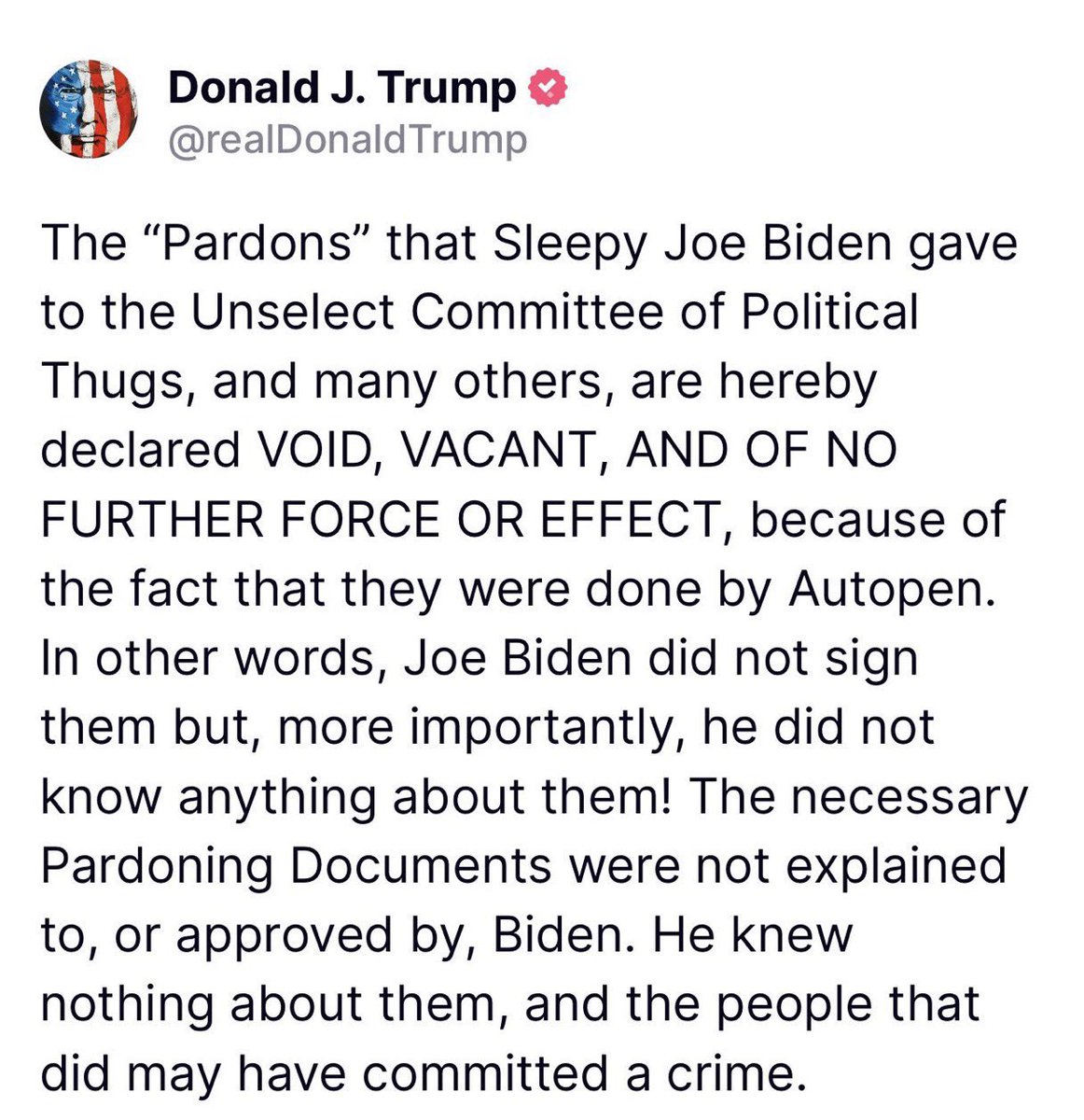 The Biden Crime Family is waking up this morning finding out that they are F*CKED. 

When this (&amp; other) AUTOPENNED presidential pardons were signed on 1/19/25, the signer certified they were signed in Washington D.C.

Only problem? Biden was NEVER in D.C. ON 1/19/25.

Oopsie.