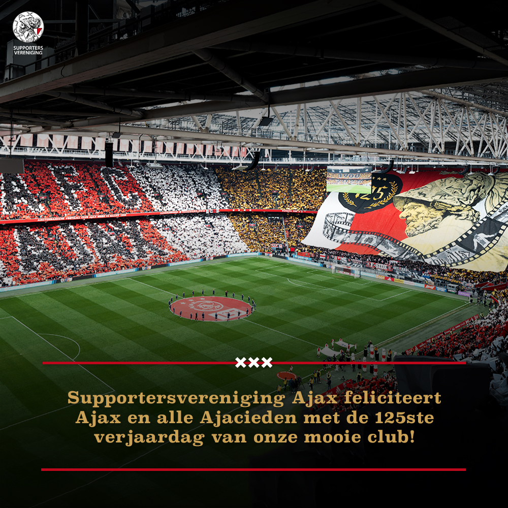 Supportersvereniging #Ajax feliciteert <a href="/AFCAjax/">AFC Ajax</a> en alle Ajacieden met de 125ste verjaardag van onze mooie club! 🤍❤️🤍 #Ajax125