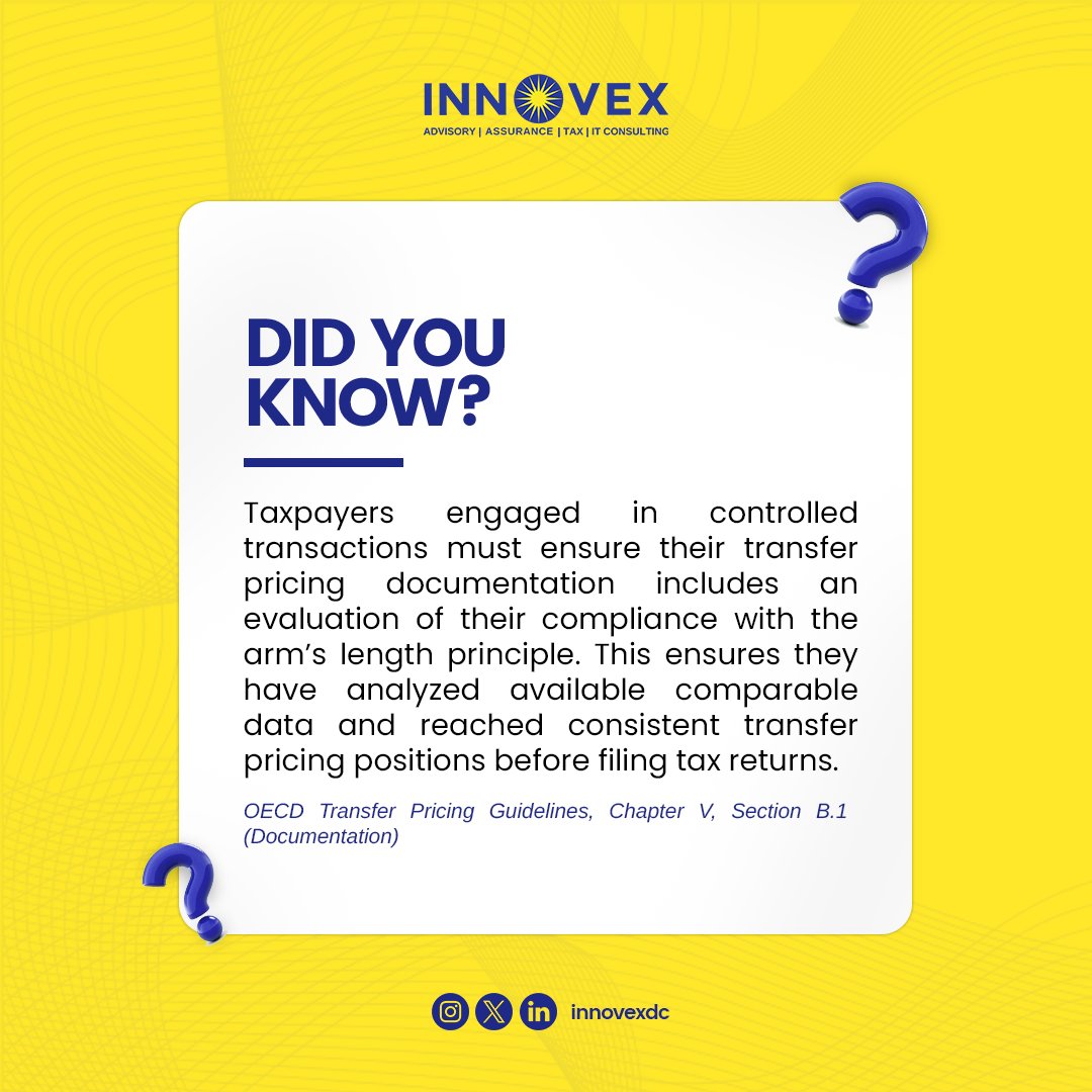 innovexdc's tweet photo. 📌 Did You Know?

Taxpayers involved in controlled transactions must ensure their transfer pricing documentation includes an evaluation of compliance with the arm’s length principle—analyzing comparable data to maintain consistency in tax filings.

#TransferPricing #TaxCompliance https://t.co/VI7jFibRAI