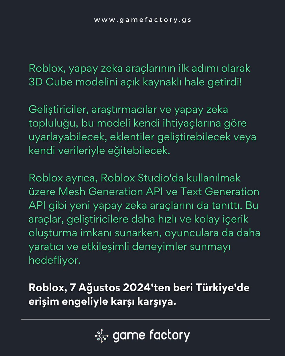 Roblox, 3D küp modelini açık kaynaklı hale getirdi! Yapay zeka ile oyun geliştirme araçları genişliyor. 
#Roblox #yapayzeka #AI #oyungeliştirme