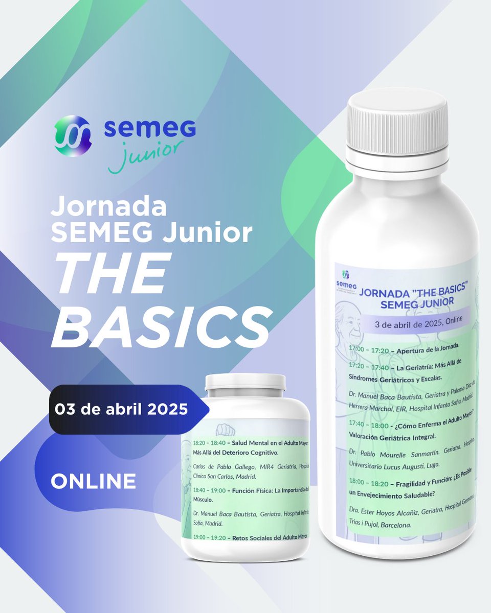 🎓 Jornada The Basics - #SEMEGJunior
📅 3 de abril de 2025 | ⏰ 17:00 - 19:30 h | 💻 ONLINE
✅ Valoración geriátrica integral. Toda la info, programa e inscripciones
🔗👉 l8r.it/eNkb
 #ValoraciónGeriátricaIntegral #CuidadoIntegral  #JornadasSEMEG #MedicinaGeriátrica