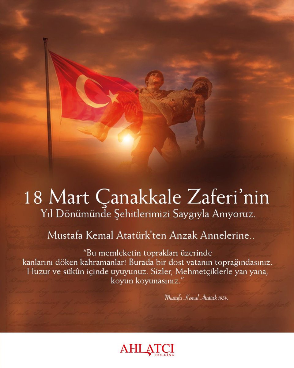 Çanakkale’nin geçilmez olduğunu tüm dünyaya gösteren, şanlı tarihimizin en önemli zaferlerinden biri olan #18MartÇanakkaleZaferi’nin 110. yılında başta Mustafa Kemal Atatürk ve kahraman silah arkadaşları olmak üzere tüm şehit ve gazilerimizi rahmet ve minnetle anıyoruz.

🇹🇷