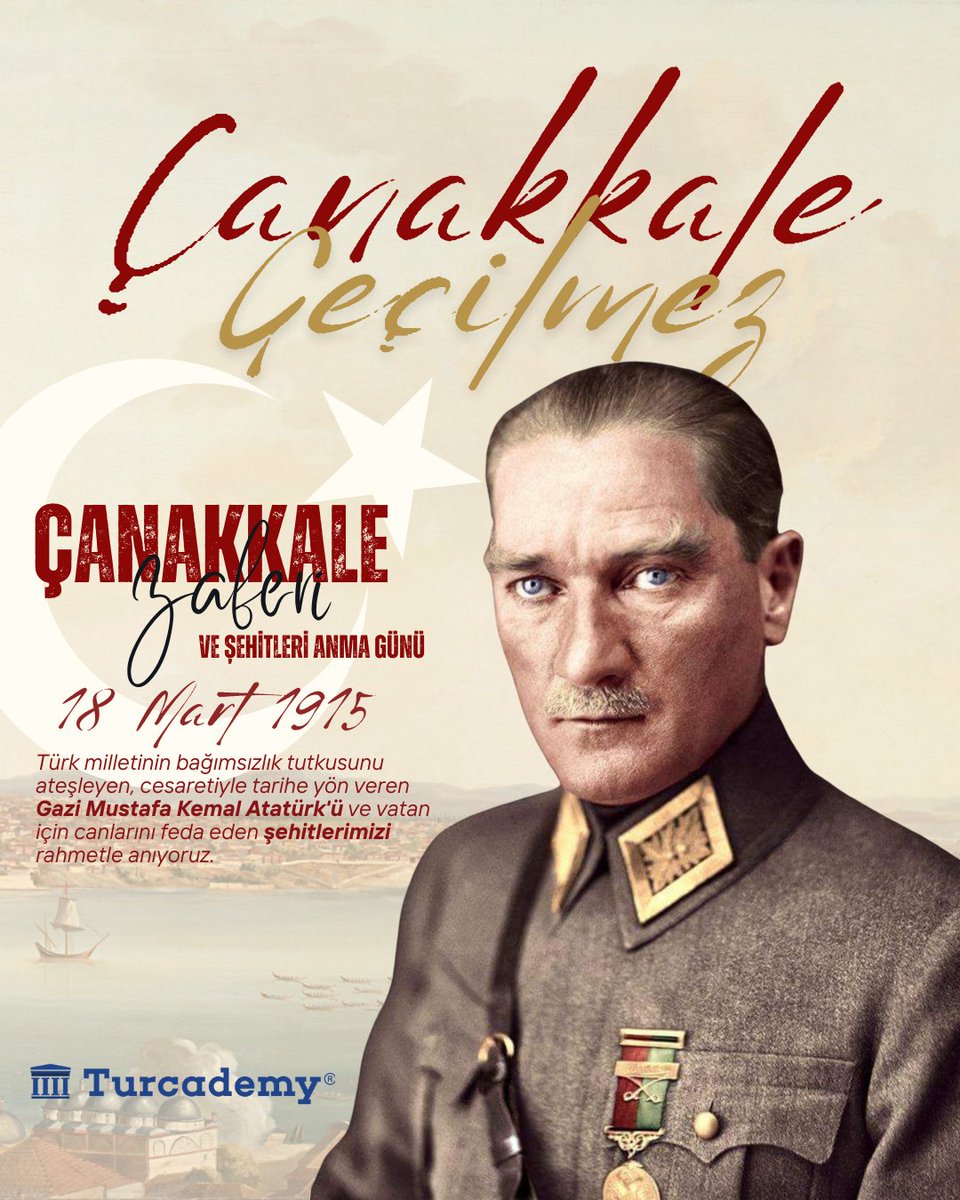 "Çanakkale geçilmez!" 
Bağımsızlık ve vatan sevgisinin en büyük destanlarından biri olan Çanakkale Zaferi’nin yıldönümünde, başta Gazi Mustafa Kemal Atatürk olmak üzere tüm kahramanlarımızı rahmet ve minnetle anıyoruz.
#ÇanakkaleZaferi #18Mart