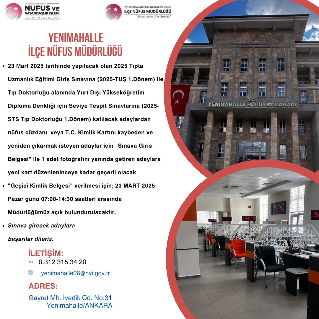 23.03.2025 günü yapılacak (2025-TUS )ile(2025-STS Tıp Doktorluğu) 1.Dönem sınavlarına katılacak adaylardan kimliğini kaybedenler için Müdürlüğümüz 23.03.2025 Pazar 07.00-14.30 saatleri arası açık olacaktır.
<a href="/itasyapan/">İbrahim Taşyapan</a> 
<a href="/edizsurucu/">Ediz Sürücü 🇹🇷🇹🇷🇹🇷</a> 
<a href="/T_Kurtbeyoglu/">TahsinKURTBEYOĞLU</a> 
<a href="/MustafaGungorlu/">Mustafa GÜNGÖRLÜ</a> 
<a href="/ylmzckmk_/">Yılmaz ÇAKMAK</a>