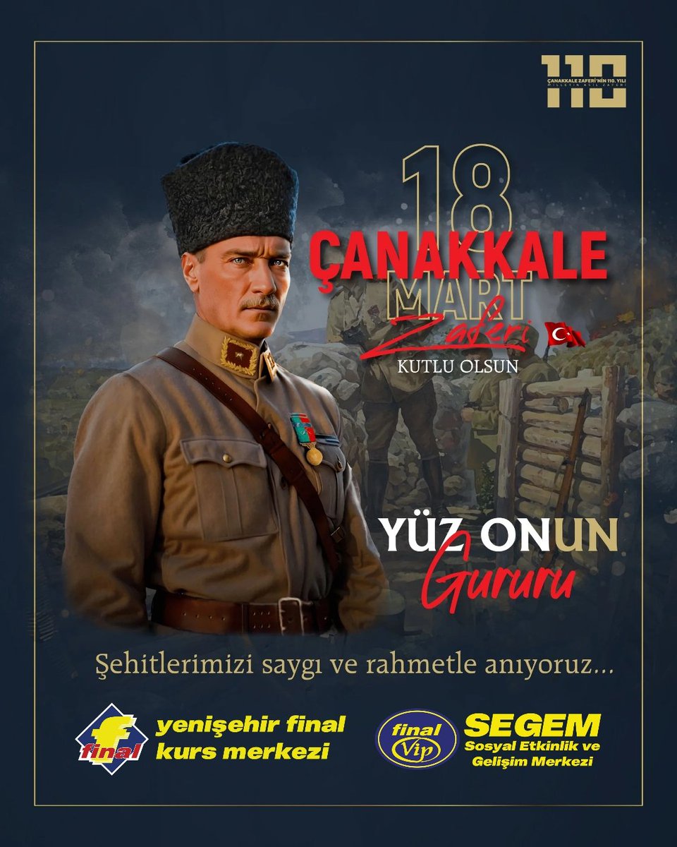 mersinfinalvip's tweet photo. Çanakkale, vatan toprağını canı pahasına savunanların, inancın ve kararlılığın destanıdır.

18 Mart Çanakkale Zaferi'nin 110'uncu yıl dönümünde, başta Gazi Mustafa Kemal Atatürk olmak üzere tüm şehitlerimizin ruhları şad olsun.

#18martçanakkale #yüzonungururu https://t.co/i48h9wKTt0