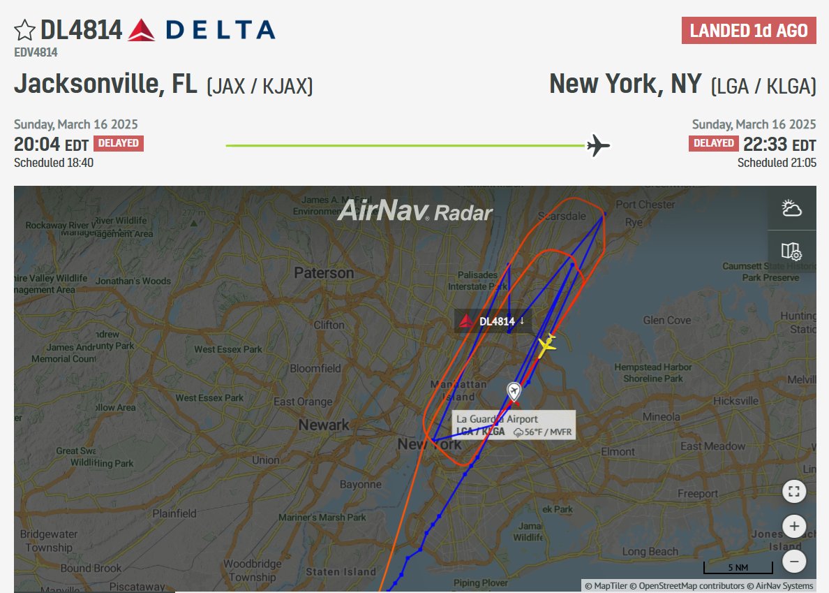 AvSourceNews's tweet photo. The left wingtip of a Delta Connection CRJ-900 struck the runway during a go-around procedure at New York LaGuardia Airport on Sunday 16 March.
The aircraft was operating as flight DL4814 from Jacksonville, FL.
https://t.co/u3mVONn8Cs
#DeltaConnection #NewYork #LaGuardia https://t.co/apli7b6lPF