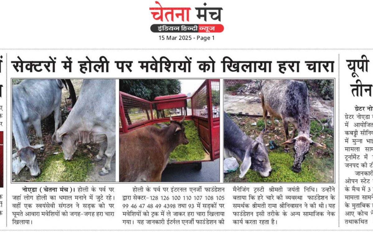 Thank you Chetna Manch.
We are turning 5 very soon..seeing someone in media noticing our work feels 📷
#straycattle #strays #feeding #feedinganimals #feedingnoida #cattle #noidadiaries #noidacity #NoidaExtension