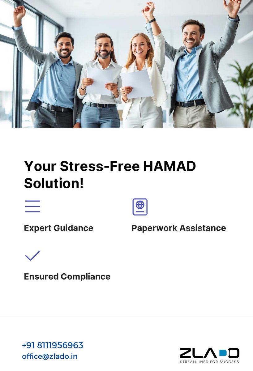 ZladoOffice's tweet photo. Struggling with HAMAD Registration? We've Got You Covered! 

Tired of dealing with endless paperwork, confusing requirements, and uncertainty about the right process? You're not alone — and we're here to help!

 Our expert team offers step-by-step guidance, ensuring your registration is smooth and stress-free.

  We handle all the paperwork, saving you time and effort.

  With our proven track record, you can trust us to fast-track your registration while ensuring full compliance with regulations.

 Choose experienced professionals who make the process simple and successful.
 Contact us today and let’s turn your registration journey into a seamless success!

+91 8111956963 
office@zlado.in

#HAMADRegistration #RegistrationMadeEasy #ExpertGuidance #StressFreeSolutions #FastTrackYourSuccess