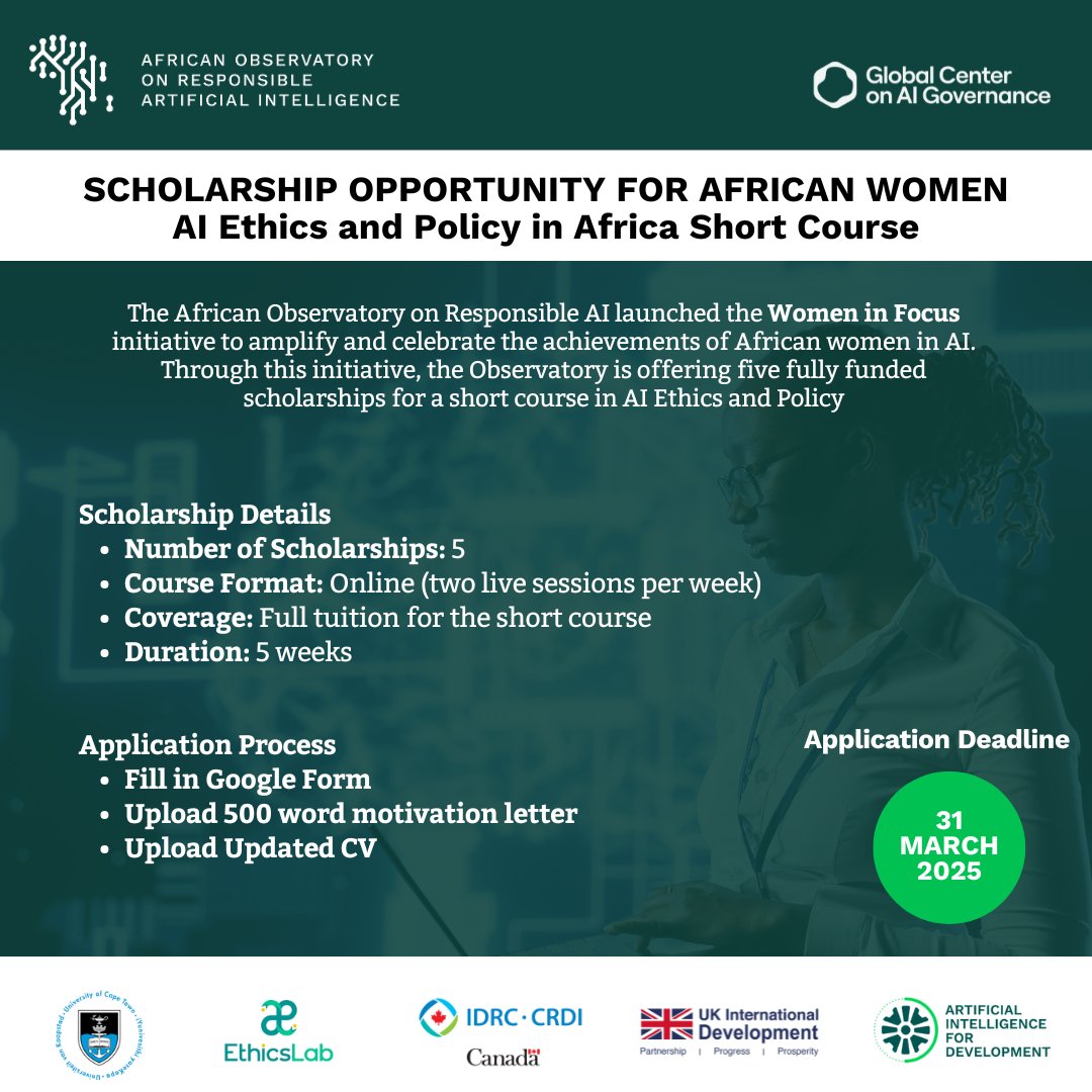 African Observatory on Responsible AI (@ai_observatory) on Twitter photo Are you a woman passionate about AI ethics, governance, and responsible AI?
In collaboration with <a href="/EthicsLab_UCT/">The EthicsLab</a> , we are offering 5 fully funded scholarships for a short course in AI Ethics & Policy.
Apply by 31st March, 2025.
INFO🔗globalcenter.ai/news/scholarsh…
Share widely 🙏 Are you a woman passionate about AI ethics, governance, and responsible AI?
In collaboration with <a href="/EthicsLab_UCT/">The EthicsLab</a> , we are offering 5 fully funded scholarships for a short course in AI Ethics & Policy.
Apply by 31st March, 2025.
INFO🔗globalcenter.ai/news/scholarsh…
Share widely 🙏