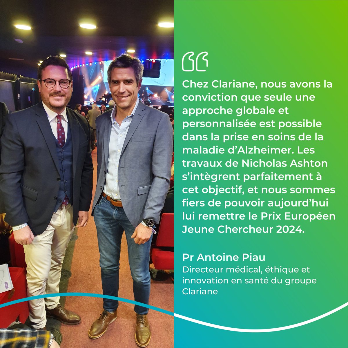 [#RECHERCHE #ALZHEIMER] 🧠

Clariane remet le Prix Européen Jeune Chercheur 2024 d’<a href="/Alzh_Fondation/">Fondation Recherche Alzheimer</a> à <a href="/NicholasAshton/">Nicholas Ashton</a> pour ses travaux sur le développement de tests sanguins permettant un #diagnostic ➕ précoce de la maladie.

👉 clariane.com/espace-presse/…

#biomarqueurs