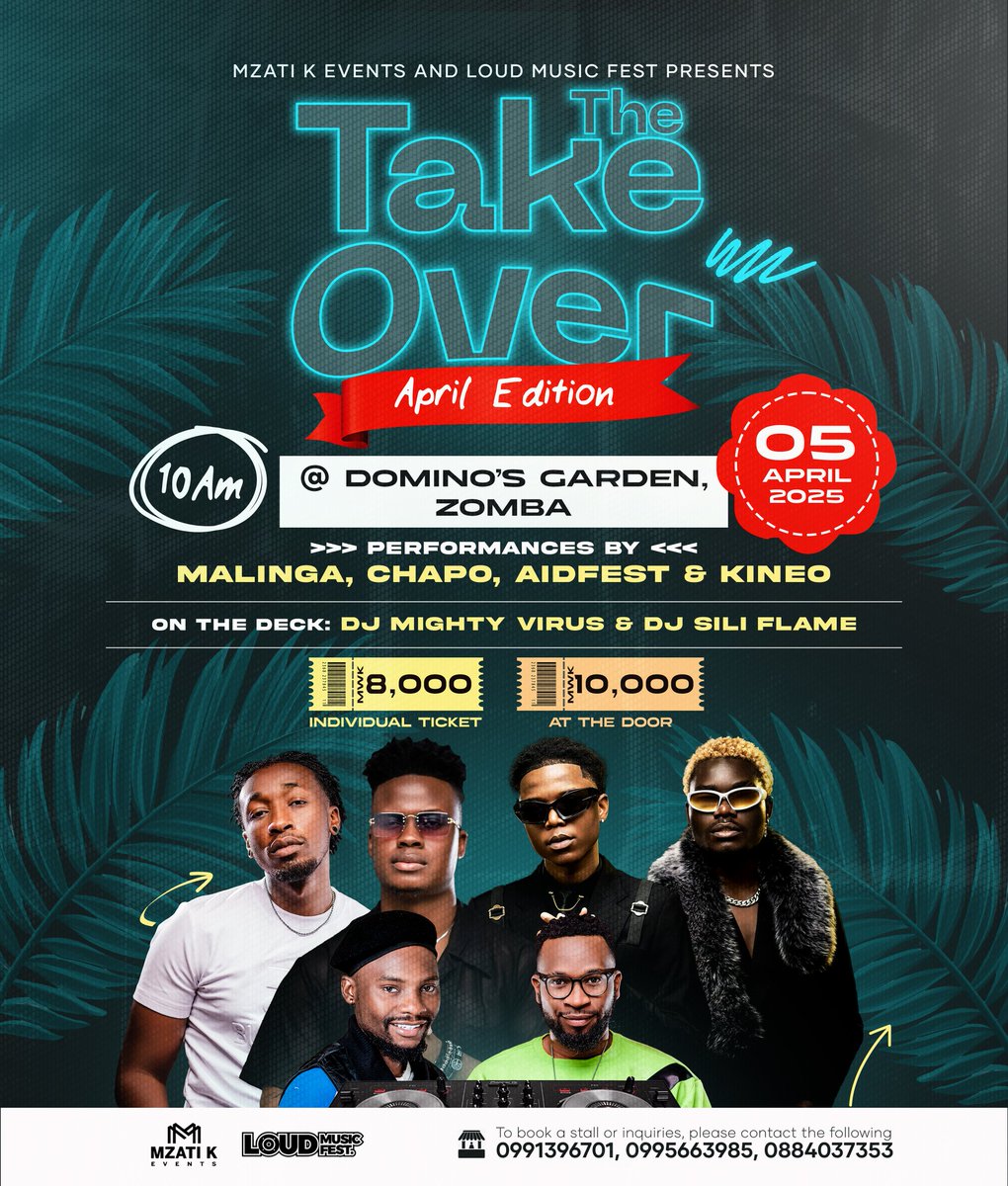 Vasco on tha Track (@rnb_god) on Twitter photo THE TAKE OVER: APRIL EDITION 🎶Dj Mighty Virus & Dj Flames ali konkooo‼️
Performance by <a href="/malinga_artiste/">Ya’achina</a> , Chapo <a href="/Aidfest_madness/">Aidfest_madness</a> and <a href="/Kineo_Madness/">Kineo Madness</a> 🔥
Domino’s Garden📍
Zomba
April 5th, 2025
#LoudMusicFest
#MzatiKevents
#TakeOverZomba THE TAKE OVER: APRIL EDITION 🎶Dj Mighty Virus & Dj Flames ali konkooo‼️
Performance by <a href="/malinga_artiste/">Ya’achina</a> , Chapo <a href="/Aidfest_madness/">Aidfest_madness</a> and <a href="/Kineo_Madness/">Kineo Madness</a> 🔥
Domino’s Garden📍
Zomba
April 5th, 2025
#LoudMusicFest
#MzatiKevents
#TakeOverZomba