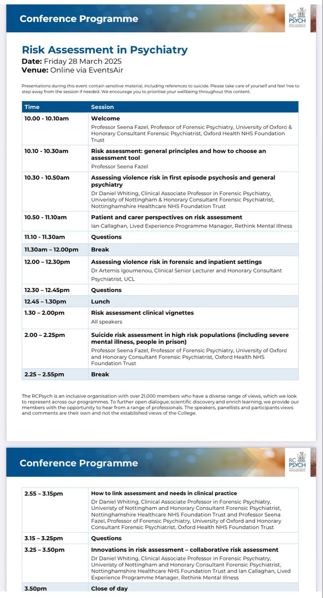 Programme now finalized for RCPsych’s Risk Assessment training event. Register here: rcpsych.ac.uk/events/confere…