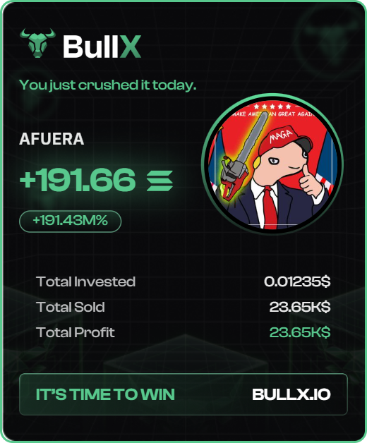 This crazy wallet made $23,650 in profit after he bought only $0.01235 worth of $AFUERA having a total PnL of +191.43M% 🤯

Never stop clicking👉🏻 neo.bullx.io/p/cryptohawk

Wallet: 24fsQP4PR1Yxsn2NVzUAn5KfBs4xQyNCByG6za9Ynokx

$AFUERA: 8AxnbZgtsdQJXNB4Gnr9vPHGVxZqXVnurcCBBv2NcrX1