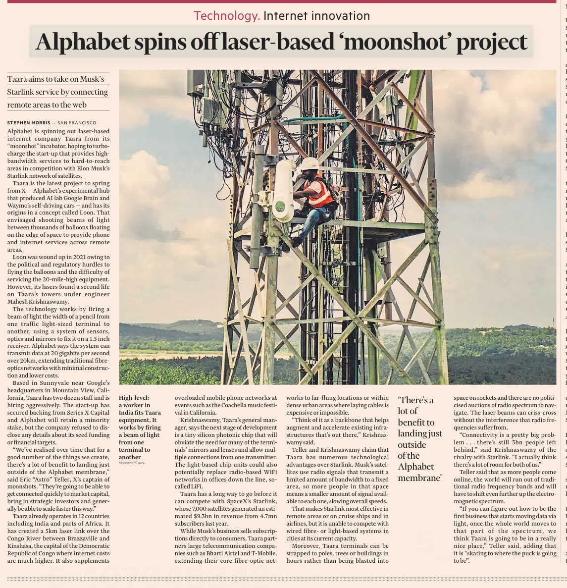 bwilloch's tweet image. Will be very interesting to see what business models will evolve around this Google spinoff technology for laser-based extension of data connectivity (From the FT) #MTBS