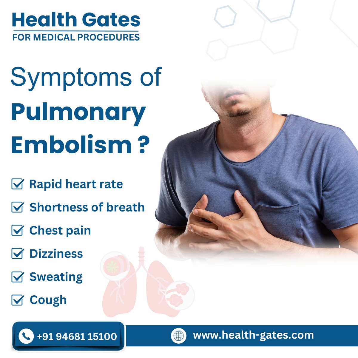 HealthGateindia's tweet photo. 𝐒𝐲𝐦𝐩𝐭𝐨𝐦𝐬 𝐨𝐟 𝐏𝐮𝐥𝐦𝐨𝐧𝐚𝐫𝐲 𝐄𝐦𝐛𝐨𝐥𝐢𝐬𝐦 ?

✅Rapid heart rate
✅Shortness of breath
✅Chest pain
✅Dizziness
✅Sweating
✅Cough

✅ +91 94681 15100
 https://t.co/BO6K3hL4Xw https://t.co/UJr7HhjpFn