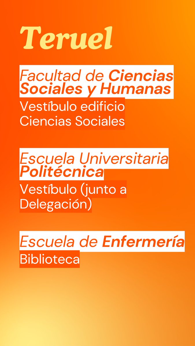 coestuz's tweet photo. @Derecho_Unizar @Ciencias_Unizar @FVeterinariaUZ @fecem_unizar @EINAunizar @educacionunizar @fcst_unizar @EscuelaUz @FEGPHuesca Facultad de Sociales de Teruel - Vestíbulo Edificio Sociales
@eupt_unizar - Vestíbulo 
Enfermería de Teruel - Biblioteca
@eupla_campus - Vestíbulo Edificio Calle Mayor https://t.co/XKNtiFln0d