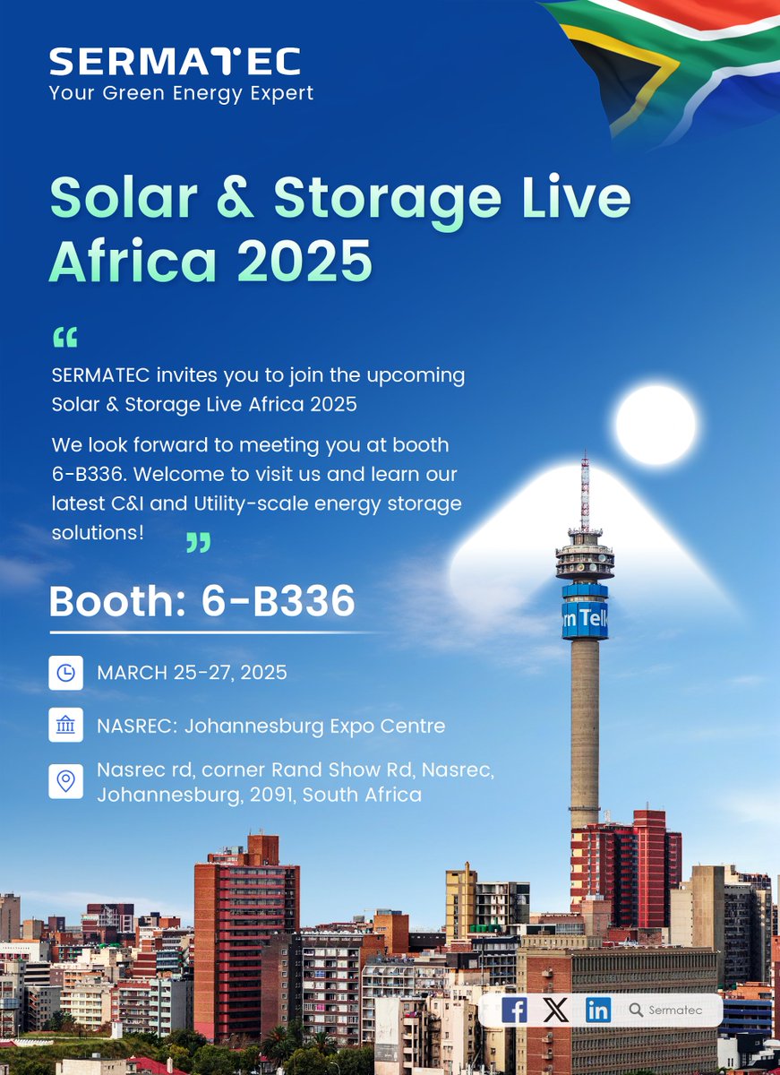 🔋Sermatec is excited to participate in Solar &amp; Storage Live Africa 2025! ⚡ Join us from March 25-27 at the Johannesburg Expo Centre to explore our cutting-edge Commercial &amp; Industrial ESS and Utility-Scale ESS solutions, designed to accelerate Africa’s clean energy transition!
