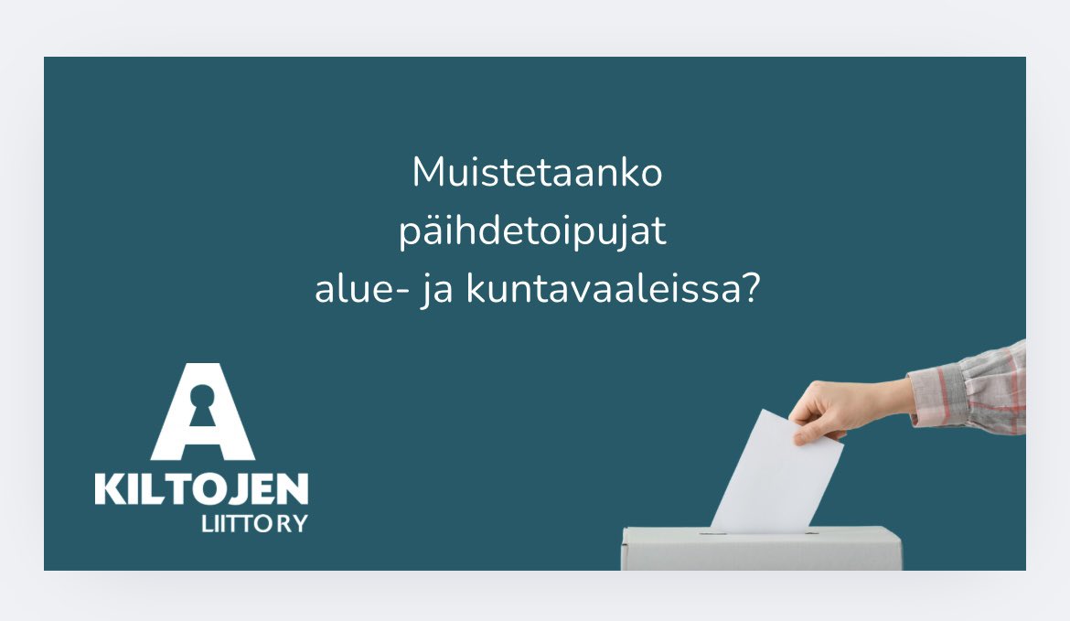 Hyvä <a href="/kokoomus/">Kokoomus</a> <a href="/persut/">Perussuomalaiset</a> <a href="/Demarit/">Sosialidemokraatit</a> <a href="/keskusta/">Suomen Keskusta</a> <a href="/sfprkp/">SFP • RKP</a> <a href="/KDpuolue/">Kristillisdemokraatit | KD</a> <a href="/vihreat/">Vihreät - De Gröna</a> <a href="/vasemmisto/">Vasemmistoliitto</a> <a href="/LiikeNyt/">Liike Nyt</a>, 

muistetaanko päihdetoipujat alue- ja kuntavaaleissa? 

a-kiltojenliitto.fi/alue-ja-kuntav…

#aluevaalit #kuntavaalit #päihteet