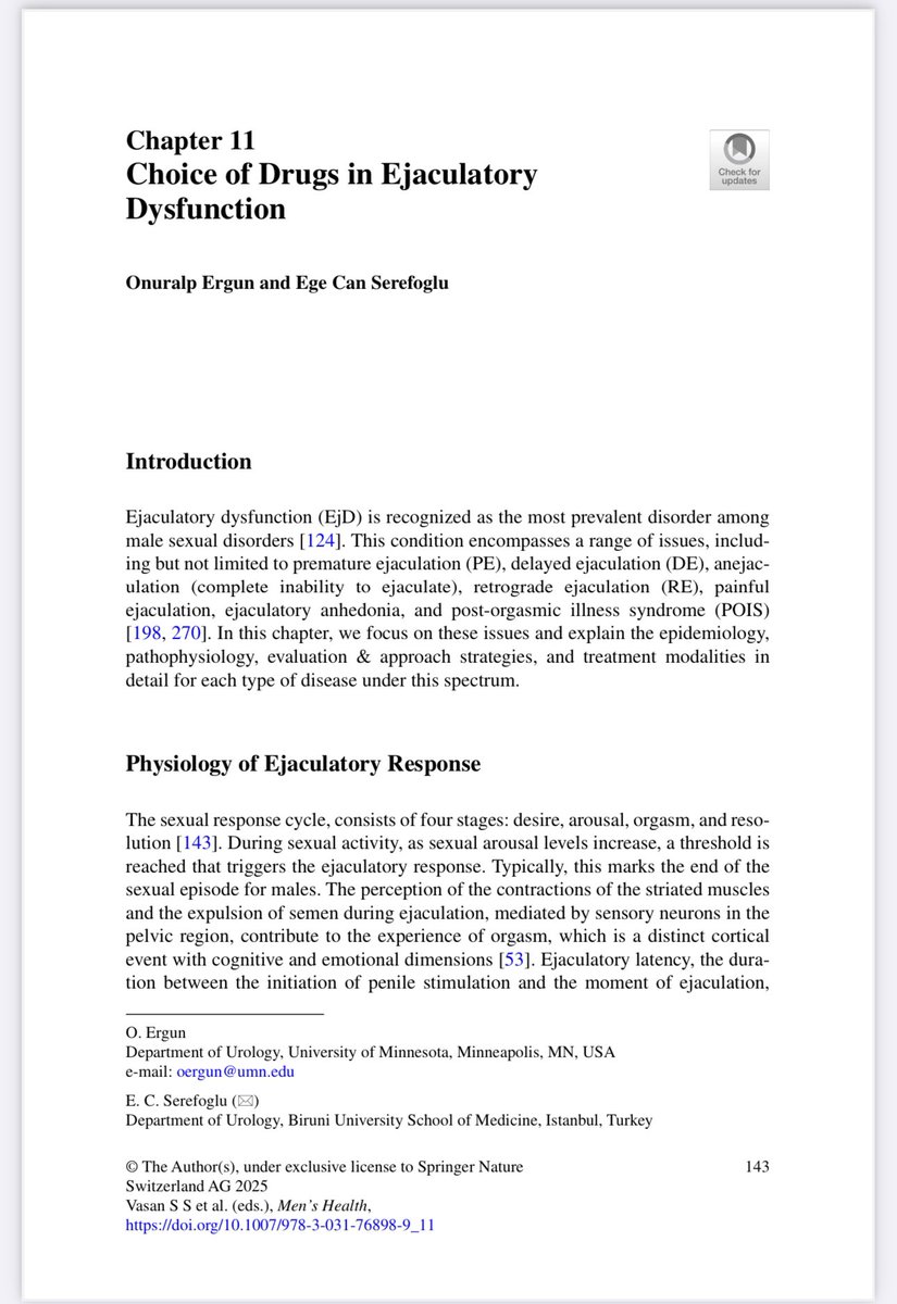 Ege Can Serefoglu (@drserefoglu) on Twitter photo Honored to contribute to 2nd edition of Peter Lim’s "Men’s Health" with a chapter on "Choice of Drugs in Ejaculatory Dysfunction", co-authored with <a href="/onuralp_ergun/">Onuralp Ergun</a> from <a href="/UMNUrology/">UMN Urology</a>
This expanded edition is a must-read for all #menshealth specialists!
link.springer.com/chapter/10.100… Honored to contribute to 2nd edition of Peter Lim’s "Men’s Health" with a chapter on "Choice of Drugs in Ejaculatory Dysfunction", co-authored with <a href="/onuralp_ergun/">Onuralp Ergun</a> from <a href="/UMNUrology/">UMN Urology</a>
This expanded edition is a must-read for all #menshealth specialists!
link.springer.com/chapter/10.100…