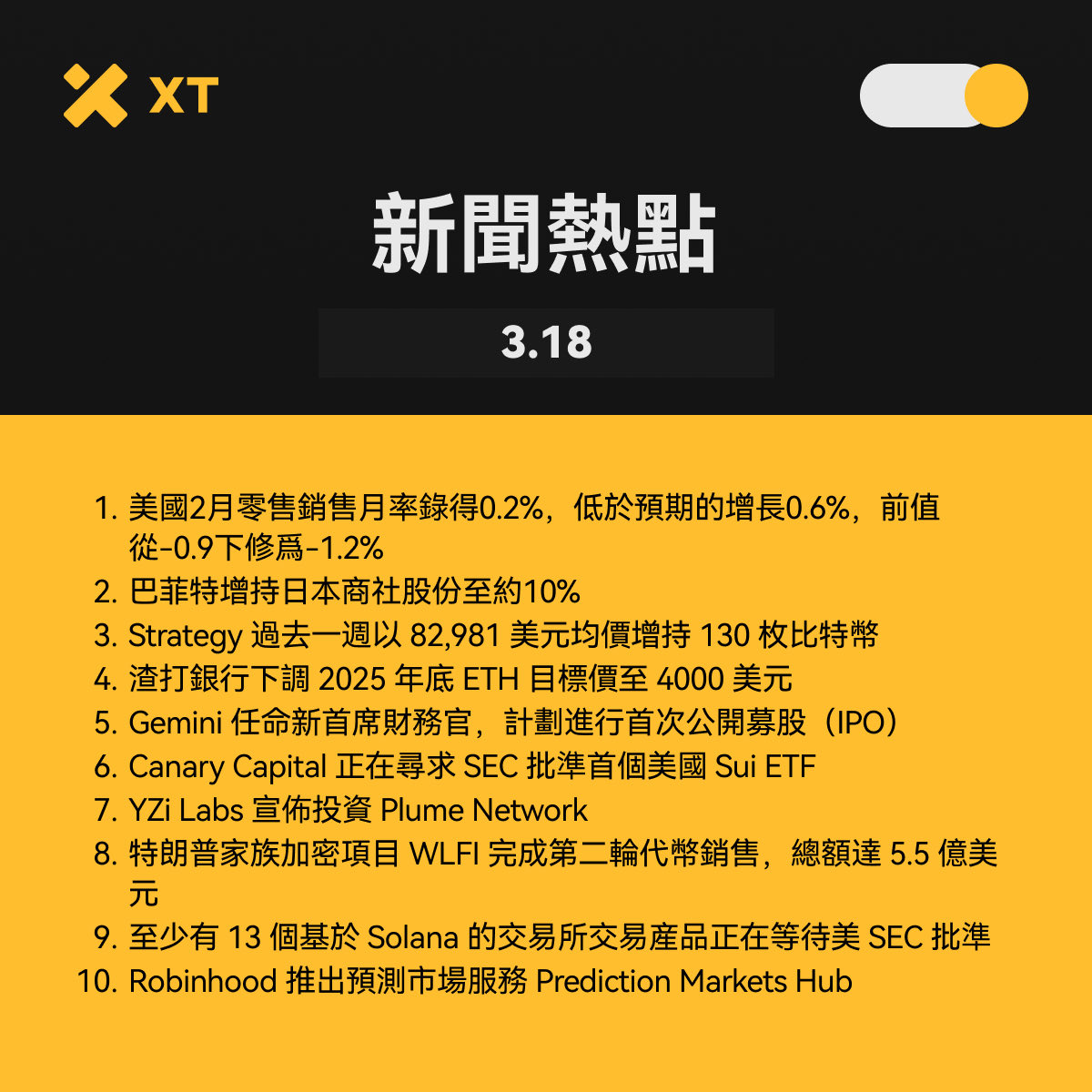 📅3月18日 #XTLABS熱點播報 過去24小時Crypto事件                            
📷熱門交易: $BTC $ETH $MUBARAK