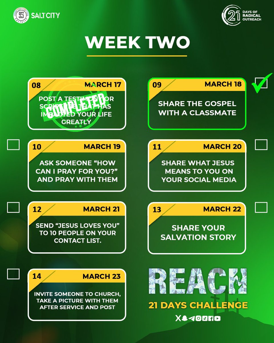 saltcityccc's tweet photo. Day 9 is on! 🚀 Today, we’re sharing the gospel with a classmate. It’s more than just words, it’s about sharing the love of Jesus! Who’s ready? 🙌🏾✨
#CCC #SaltCity #REACH #21DaysChallenge #SharingJesus https://t.co/rKnJ2UbOcX