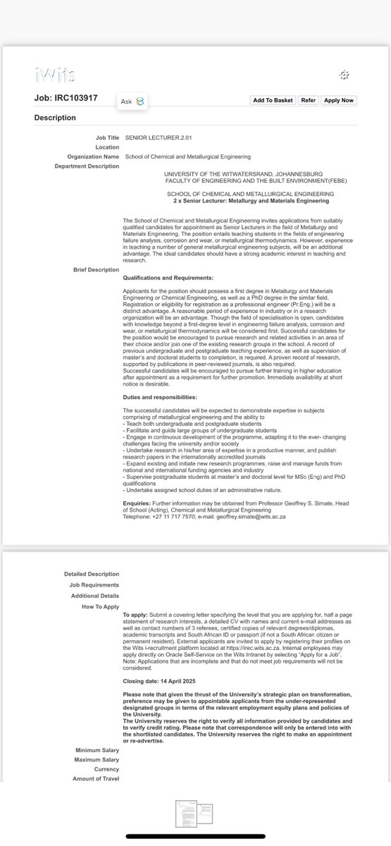 📢 We're Hiring! 

The School of Chemical and Metallurgical Engineering is looking for passionate and qualified individuals to join our team as Senior Lecturers in Metallurgy and Materials Engineering