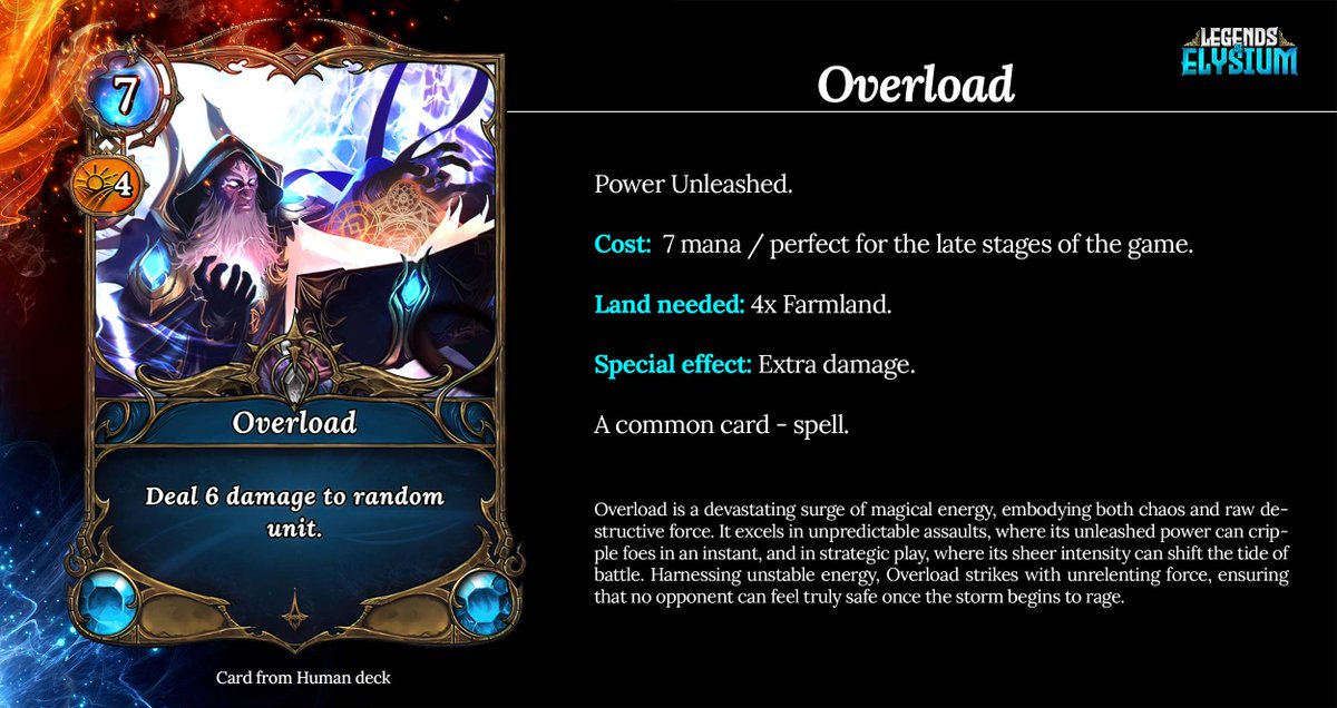 LegendsElysium's tweet photo. 📜 Human Basic Deck part.23🃏
 
⚡ Overload – Unstable Force! ⚡

🔥 Overload is the embodiment of raw, untamed arcane energy. When unleashed, it channels an uncontrollable surge of power, discharging it in a chaotic and explosive burst that can either save the day or backfire spectacularly. This spell doesn’t discriminate—it seeks a target at random, delivering a devastating 6 damage strike that can obliterate key threats... or miss entirely, leaving you to deal with the fallout. Such is the price of wielding overwhelming power! 🔥

📜 Effect: Deal 6 damage to a random unit.

💡 Why consider it?
 🔹 High Burst Damage: 6 damage is enough to instantly remove most units from the board or severely cripple even the toughest foes.
 🔹 Potential Game-Changer: A well-timed Overload can swing the momentum in your favor, especially if it hits a high-value target like a key enemy unit or a game-winning threat.
 🔹 Versatile Usage: Whether you’re using it to clear the board in the late game or as a last-ditch effort to turn the tide, Overload’s flexibility makes it a wildcard in any deck.

⚡Overload isn’t just a spell; it’s a test of your courage and willingness to embrace chaos. Will you harness its power, or will it consume you? ⚡
 
💥 May the cards always be in your favor!

#legendsofelysium #TCG #cardgames #cardanalysis #deck #fantasy #battlefield #magic #league $LOE