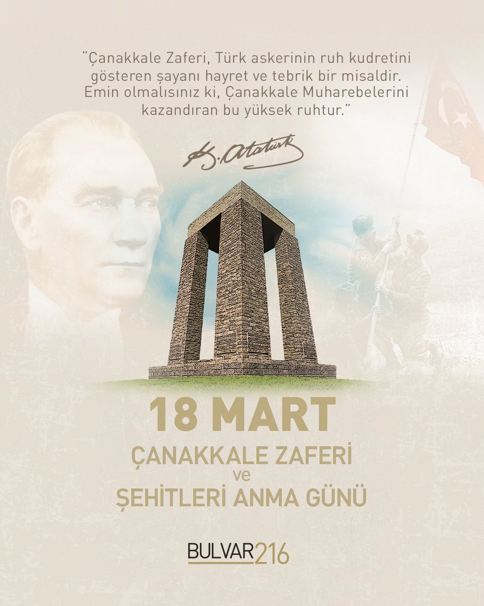 Bulvar216's tweet photo. Çanakkale Zaferi’nin 110. Yılında, başta Gazi Mustafa Kemal Atatürk olmak üzere tüm gazilerimizi ve şehitlerimizi sevgi, saygı ve minnetle anıyoruz.

#18 Mart https://t.co/rQ7n6vO13Q