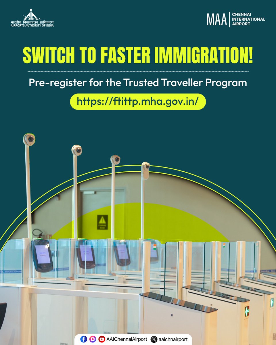 aaichnairport's tweet image. Effortless immigration at Chennai Airport!

Indian passport holders and OCI cardholders can enrol in the Trusted Traveller Program for fast and seamless clearance upon arrival and departure.

Register now: ftittp.mha.gov.in

#FastTrackImmigration #ImmigrationCheck…